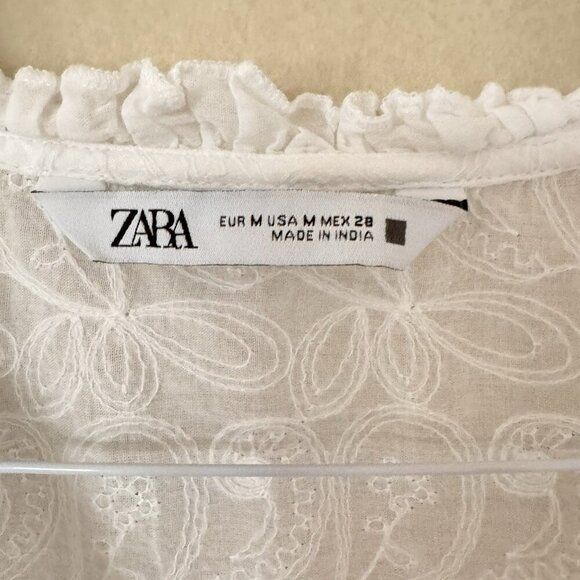 ZARA Cotton Embroidered White Blouse Tunic Top Shirt Size Medium - Picture 7 of 9